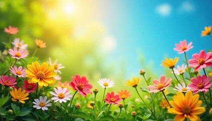 Obraz premium A vibrant summer scene featuring sun-drenched flowers, lush green foliage, and a cheerful, sunlit background, perfect for representing summer fundraising initiatives , cheerful, warm, purple