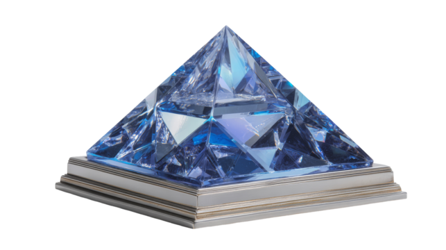 A stunning blue glass pyramid on a silver base, elegant and modern. transparent background