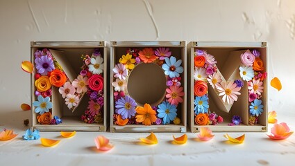 Naklejka premium Colorful flower mom letters in wooden boxes