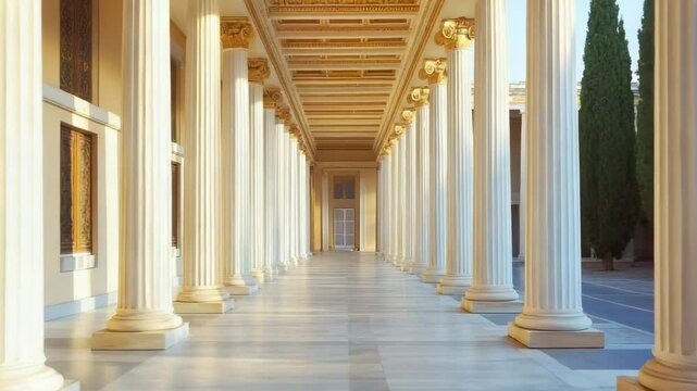 A long hallway with white pillars and a lot of space. The pillars are very tall and the hallway is very long