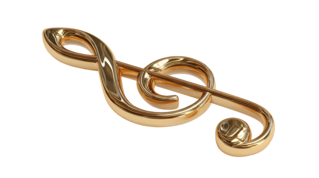 Elegant golden treble clef symbol representing music and harmony. transparent background