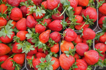 Fresh strawberries piled for sale at a market