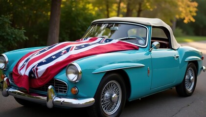 Patriotic bunting draped across a classic car , america, happy
