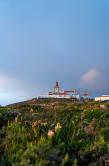 Cabo da Roca lighthouse and path leading to it, surrounded by coastal vegetation
