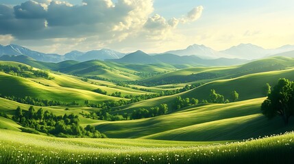 Fototapeta premium Lush green hills and meadows under a dramatic sky.