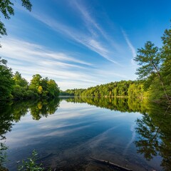 Obraz premium Photo of Serene Lake Reflection With Trees and Sky