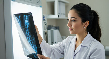 Female Doctor Examining X-Ray of Spine Medical Diagnosis and Healthcare