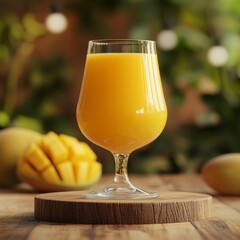 a glass of mango juice on a wooden podium