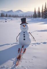 Fototapeta premium Lonely snowman in snowy field, skis & sled nearby, snowman, sky, lonely