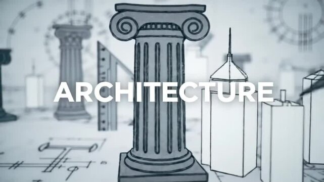Architecture Intro Animation with Blueprint Text, Rulers, Columns, Buildings, and T-Squares on Soft Technical Background

