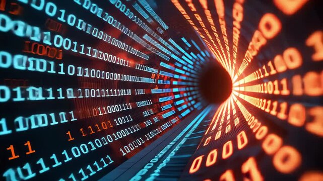 Binary code tunnel flowing, representing data processing. digital abstract image showcasing 