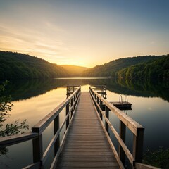 Obraz premium Photo of Tranquil Wooden Dock on Lake at Sunrise