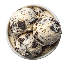 Obraz premium Creamy cookies and cream ice cream served in a white bowl from above, Cookies and cream ice cream in a bowl, top view, isolated on Transparent background