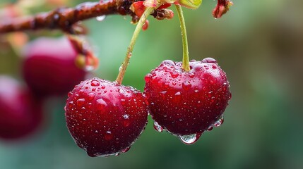 Ripe cherry glistening on a branch, embodying nature's fresh vitality