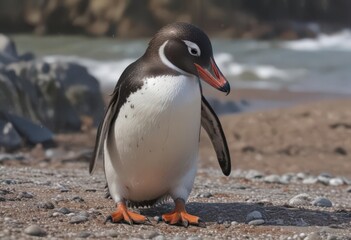 Naklejka premium Humboldt penguin preening feathers on rocky beach, animal kingdom, ocean bird, eye