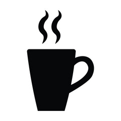 Hot Coffee Cup Icon – Black Silhouette of Steaming Beverage Mug for Café, Breakfast, or Drink App Design on White Background