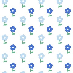 Simple seamless pattern with cute blue flowers on white background. Minimalist floral design perfect for kids, fabric, spring, and cheerful projects.