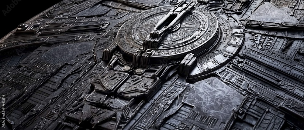 Poster detailed macro shot of intricate futuristic metallic surface with circular element