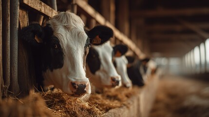 Cows grazing on hay in a rustic barn, a serene pastoral moment of rural tranquility.