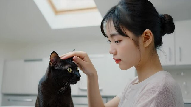 A young woman gently touches a black cat's head