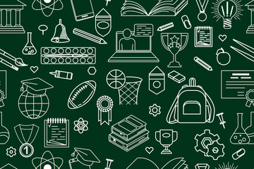 Seamless pattern with school drawings. Back to school, hand drawn background. Concept of learning, knowledge, skills. Seamless background with icons of school supplies. Vector