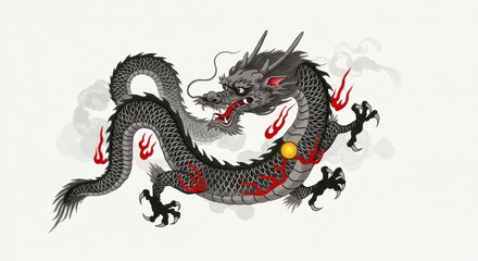 Obraz premium Pixel Art Illustration of Black Dragon with Red Flames