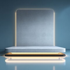 Blank 3D floating rectangular podium, designed with wool texture and soft lighting for a high-tech presentation.