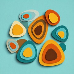 Dark orange and light yellow liquid triangles and diamonds merge on a soft turquoise backdrop.