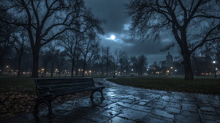 Mystical Night Rain in a Quiet City Park