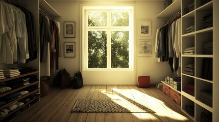 Sunlit walk-in closet with wooden floors, organized shelves, and clothing