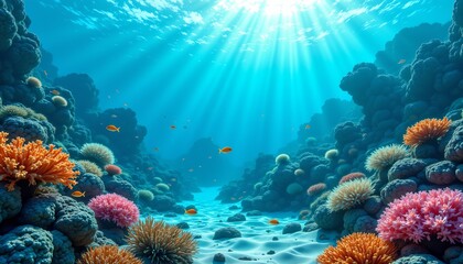 Fototapeta premium an underwater view of a vibrant coral reef teeming with various sea creatures, primarily fish. the sunlight filters through the water surface, creating a warm glow on the reef and marine life below