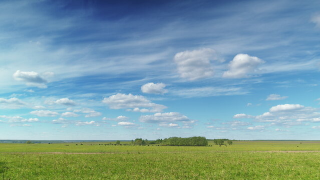 A vast and open field stretches out beneath a bright and beautiful blue sky filled with sunlight Time lapse.
