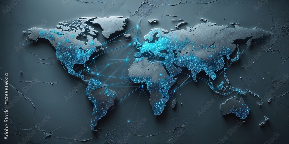 Poster global connectivity represented through illuminated map design showcasing data flow across continent