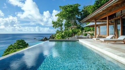 Fototapeta premium Luxury Villa with Infinity Pool Overlooking the Ocean in Seychelles