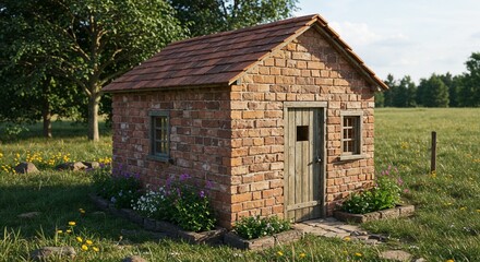 Fototapeta premium Small stone house situated in a green field under clear sky 