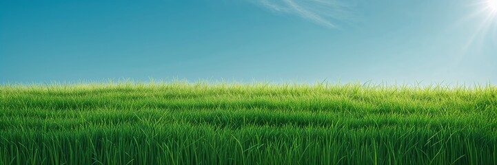 Fototapeta premium Bright green grass field under clear blue sky with sunlight shining in summer afternoon