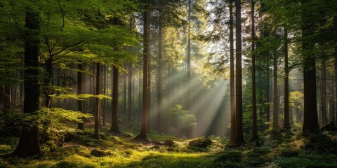 Fototapeta premium Silent German Forest in spring with beautiful bright sun rays on orange, golden sunset mood, black forest.