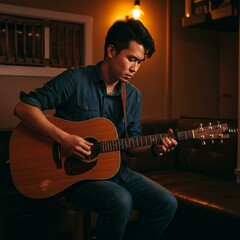 Obraz premium Photo of Man Playing Acoustic Guitar in a Pub
