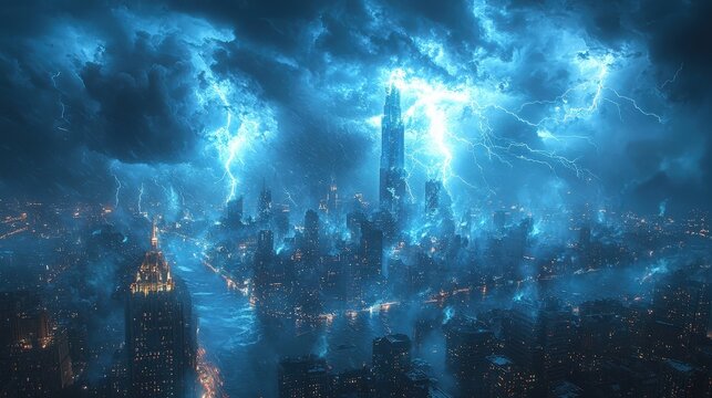 Lightning storm over city, flash over city cataclysm landscape panorama