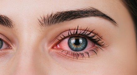 Obraz premium Close-up of a woman's eye showing vibrant blue iris and long lashes 
