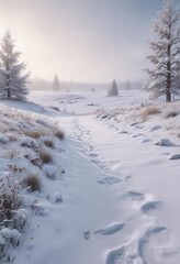 Obraz premium Soft, gentle snowfall over a tranquil, snow-covered field , winter wonderland, season