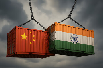 India vs China Trade Conflict – Colliding Shipping Containers Symbolizing Economic Rivalry and Geopolitical Tensions