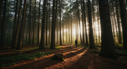 Obraz premium Photo of Man Walking in Backlit Forest at Sunrise