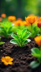Close-up view of lush green plants and vibrant flowers being carefully planted in rich soil, preparing a vibrant garden backdrop ,  outdoor,  summer