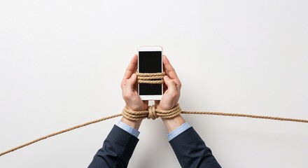 Hands holding smartphone tied with rope on white background representing concept of travel  