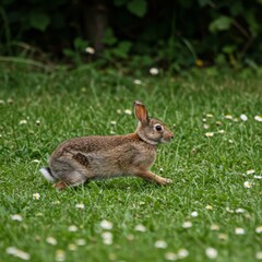 Fototapeta premium Photo of Wild Rabbit Running in Green Grass Field