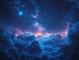 Obraz premium Starry night sky with clouds, panorama, universe filled with stars, nebula and galaxy