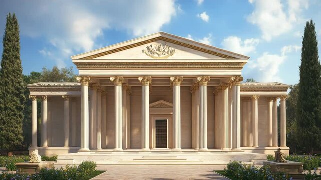 A large building with columns and a dome on top. The building is white and has a lot of detail. The sky is blue and there are trees in the background