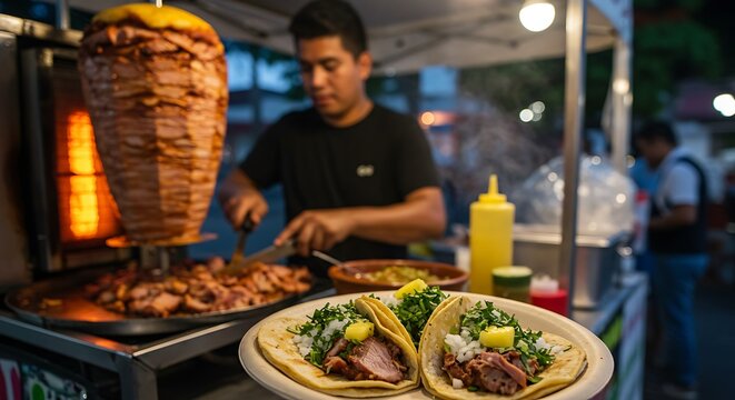 A man preparing tacos al pastor at a street food stand with meat and toppings