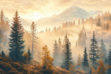 Spruce forest on mountain hillside in fog at sunrise autumnal landscape